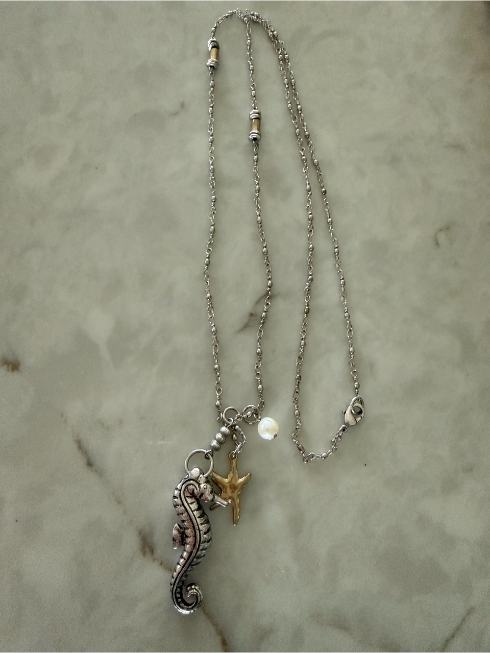 J. Jill Silver and Gold Seaside Charm Necklace with Faux Pearl